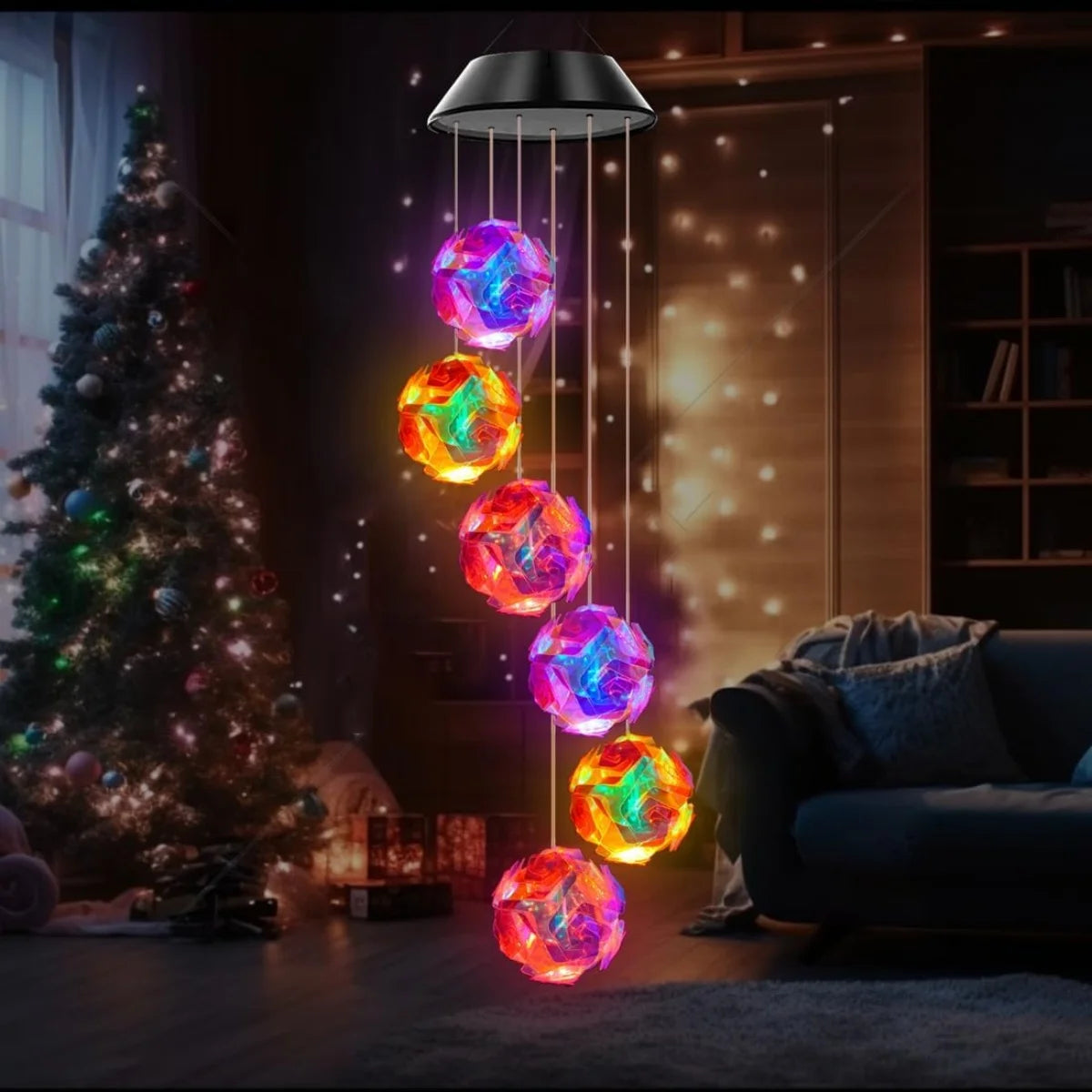 Auntie Glowria Solar Lighting 1pc Solar Powered Color Changing Pink Ball Flower Wind Chime Light | Waterproof, Eco-Friendly | Outdoor Night Light, Hanging Solar Lamp for Party Decor