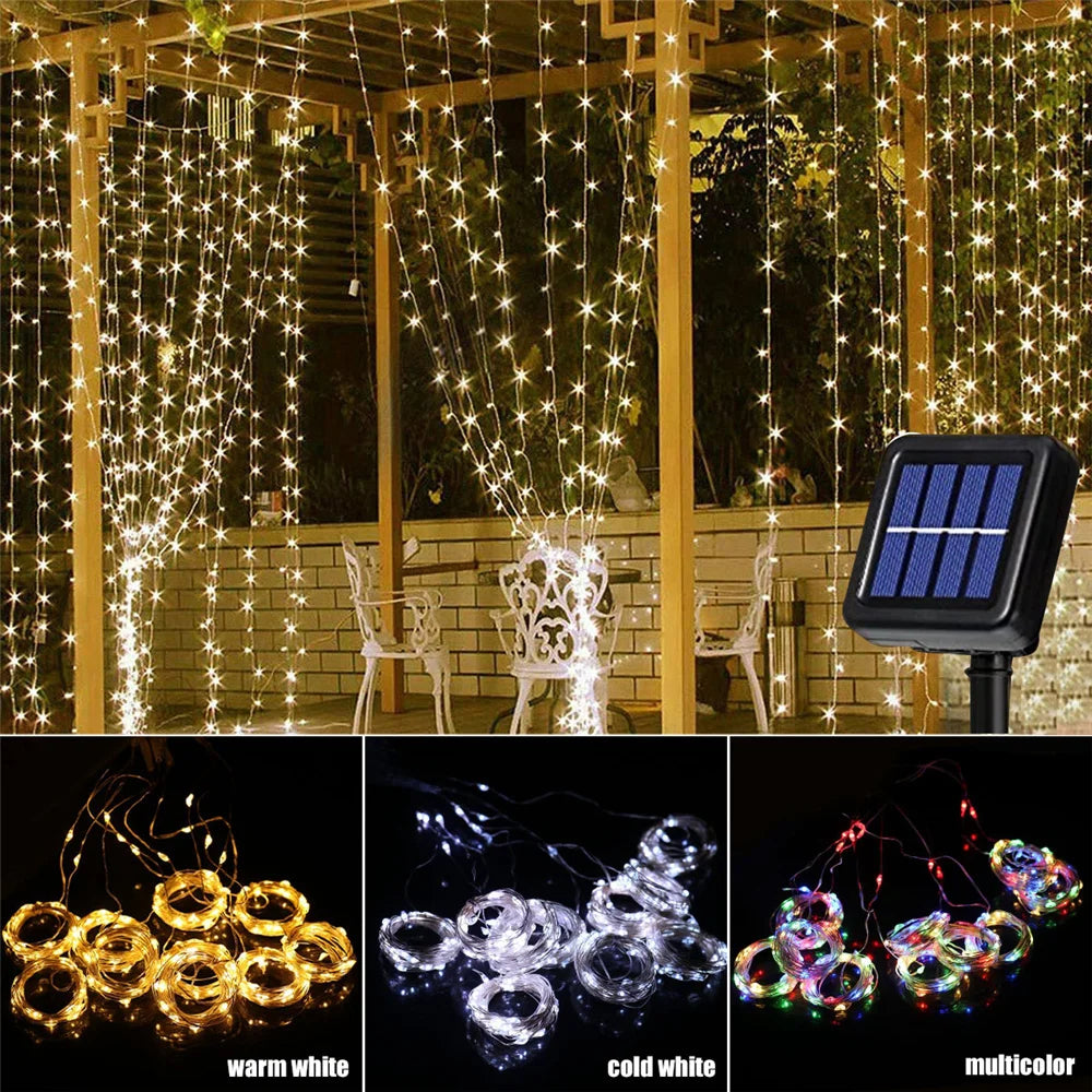 Auntie Glowria Solar Lighting Outdoor Solar Curtain Light 300 LED | Waterproof, Eco-Friendly | String Lights for Garden, Yard, Pavilion, Fairy Garland, Holiday, Wedding Decor
