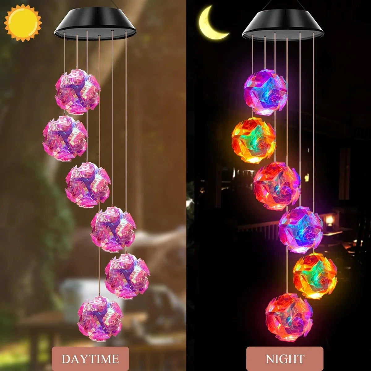 Auntie Glowria Solar Lighting 1pc Solar Powered Color Changing Pink Ball Flower Wind Chime Light | Waterproof, Eco-Friendly | Outdoor Night Light, Hanging Solar Lamp for Party Decor