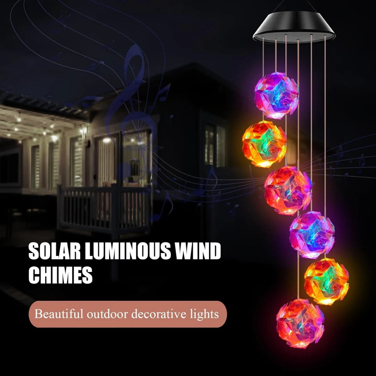 Auntie Glowria Solar Lighting 1pc Solar Powered Color Changing Pink Ball Flower Wind Chime Light | Waterproof, Eco-Friendly | Outdoor Night Light, Hanging Solar Lamp for Party Decor