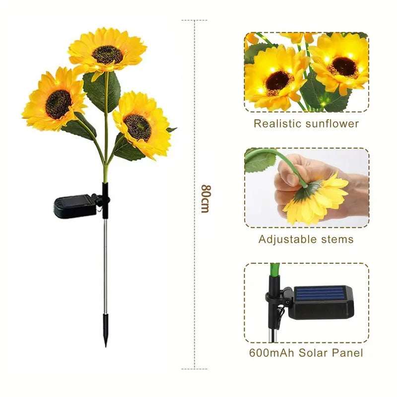 Auntie Glowria Outdoor Solar Lighting Solar Simulation Sunflower Light 1/3 Heads | Waterproof, Eco-Friendly | Lawn Lights, Landscape Lamp for Home, Party, Yard Decor, Flower Plant Lighting    ```