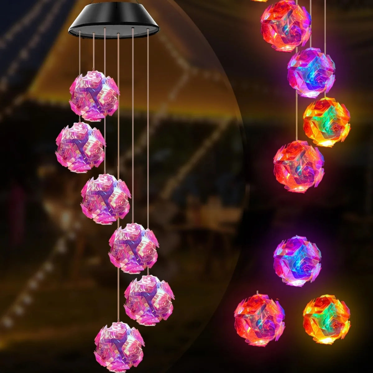 Auntie Glowria Solar Lighting 1pc Solar Powered Color Changing Pink Ball Flower Wind Chime Light | Waterproof, Eco-Friendly | Outdoor Night Light, Hanging Solar Lamp for Party Decor