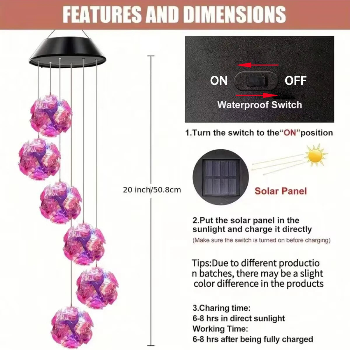Auntie Glowria Solar Lighting 1pc Solar Powered Color Changing Pink Ball Flower Wind Chime Light | Waterproof, Eco-Friendly | Outdoor Night Light, Hanging Solar Lamp for Party Decor