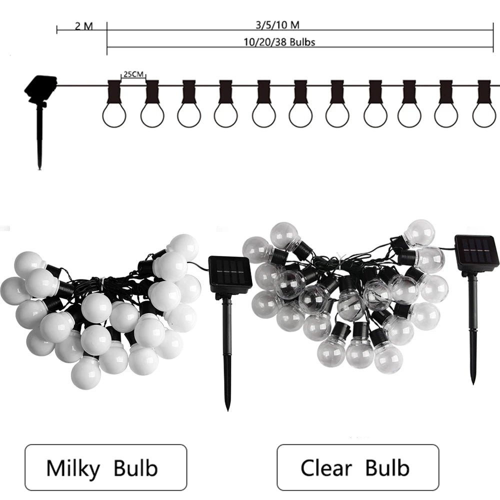 Auntie Glowria Solar Lighting 5/7/12M LED Globe Solar Fairy String Patio Lights | Eco-Friendly | Christmas, Holiday, Backyard BBQ, Garland, Wedding, Outdoor Party Garden Lighting