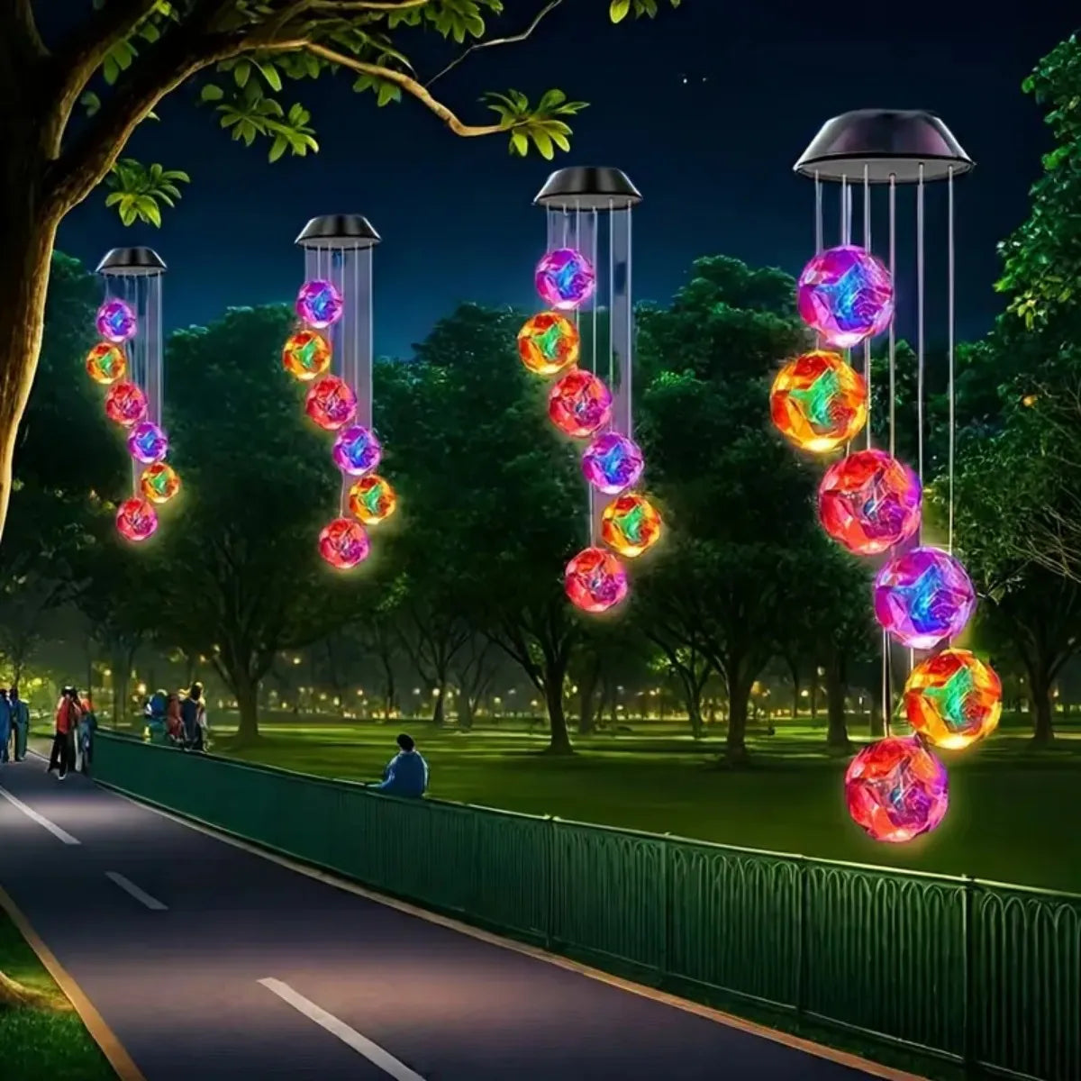 Auntie Glowria Solar Lighting 1pc Solar Powered Color Changing Pink Ball Flower Wind Chime Light | Waterproof, Eco-Friendly | Outdoor Night Light, Hanging Solar Lamp for Party Decor