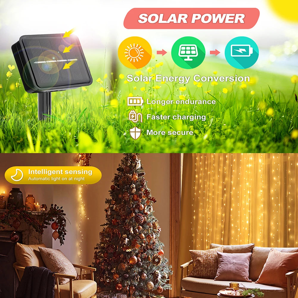 Auntie Glowria Solar Lighting Outdoor Solar Curtain Light 300 LED | Waterproof, Eco-Friendly | String Lights for Garden, Yard, Pavilion, Fairy Garland, Holiday, Wedding Decor