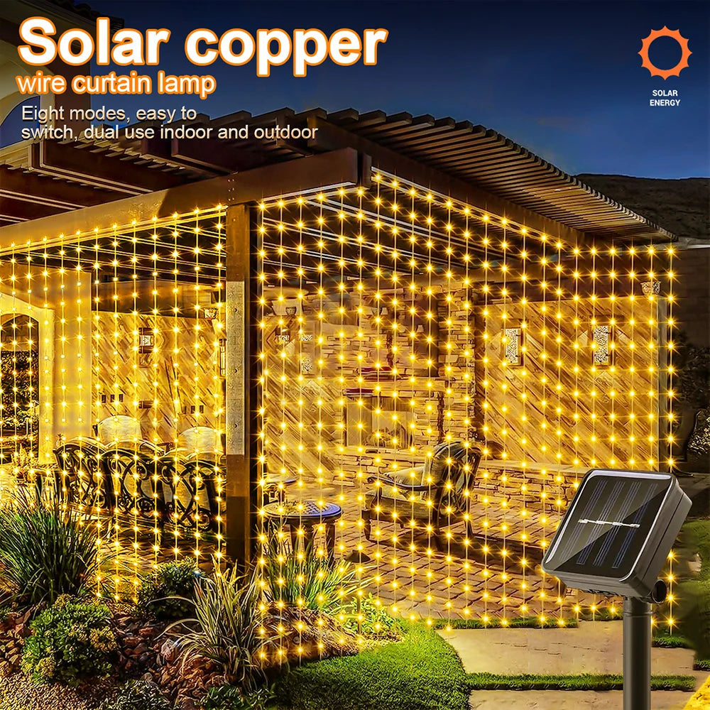 Auntie Glowria Solar Lighting Outdoor Solar Curtain Light 300 LED | Waterproof, Eco-Friendly | String Lights for Garden, Yard, Pavilion, Fairy Garland, Holiday, Wedding Decor