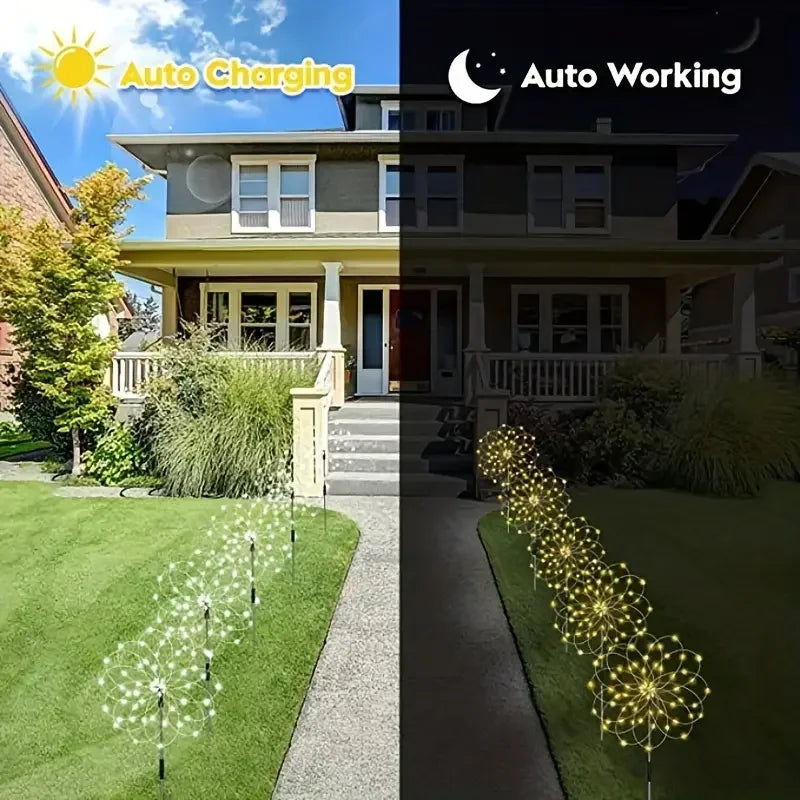 Auntie Glowria Solar Lighting LED Solar Fireworks Lights | Waterproof, Eco-friendly | 4 Garden Lights, 8 Modes, Remote Control for Pathway Decorations    ```